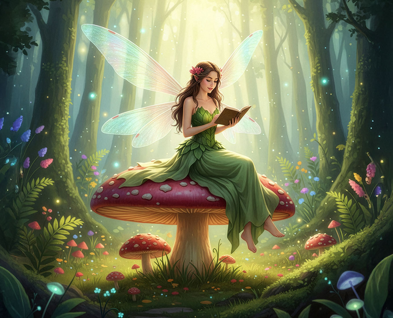 Whimsical fairy reading in an enchanted forest